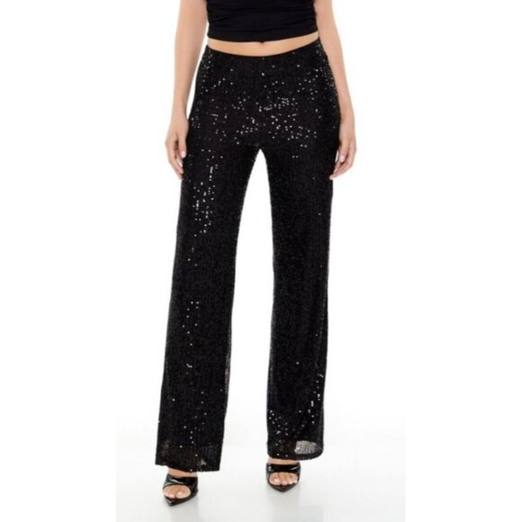 NEW Black Sequin High-Rise Wide-Leg Pants Size S Back Zipper - Picture 1 of 11
